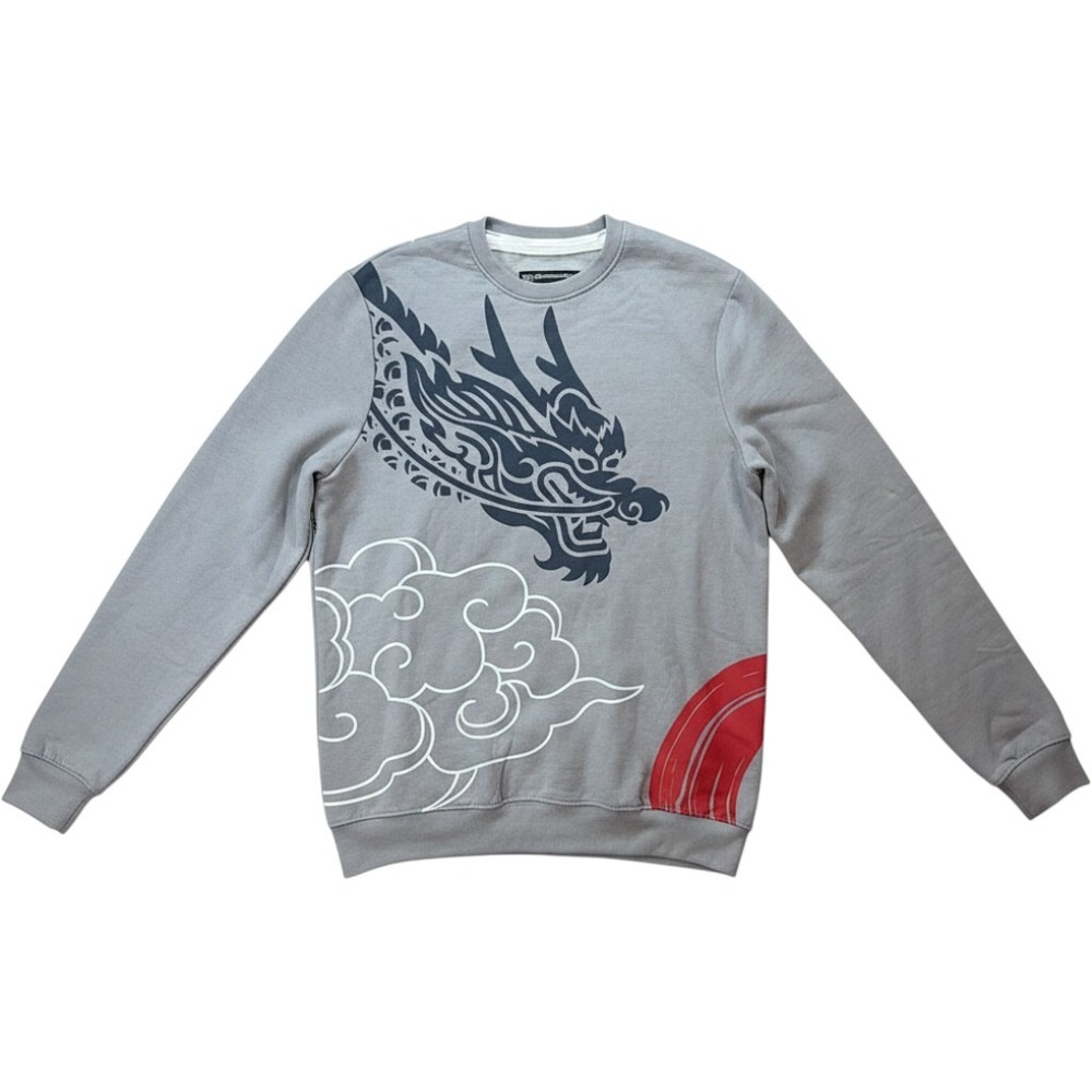 Blind Rooster Dragon Graphic Sweatshirt Mens Medium Gray Kanji Clouds Cotton